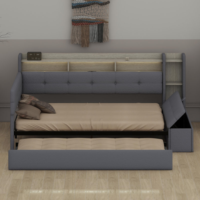Lit de jour avec repose-pieds avec rangement intégré, tablettes, lit gigogne, port USB et éclairage DEL, Gris