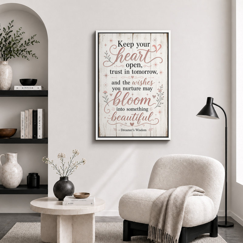 «Keep Your Heart Open», inspiration, impression sur toile, impression sur toile encadrée, 36" H x 24" W x 1.5" D, White Frame