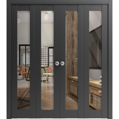 Sliding Closet Double Bi-fold Doors | Lucia 2166 Matte Black Clear Glass | Sturdy Tracks Moldings Trims
