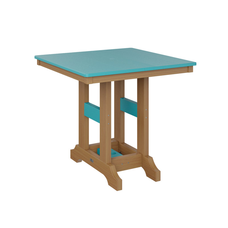 Garden Classic Outdoor Square Bar Table, Aruba Blue, Natural Teak, 35.5" H x 33" W x 33" D
