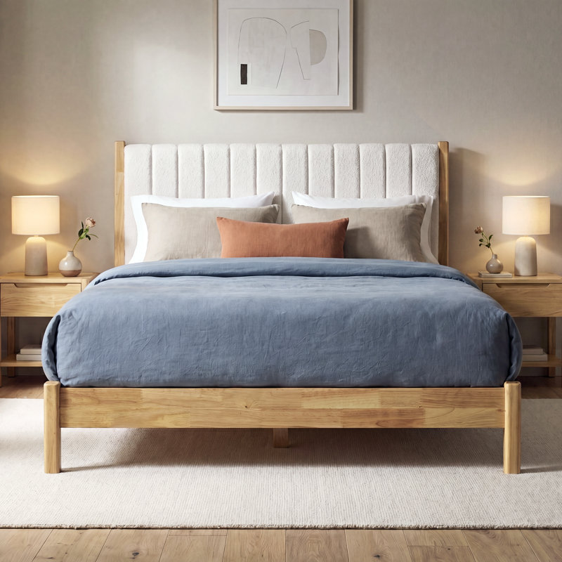 Base de lit tapissier Eliza, Naturel, bouclé blanc crème