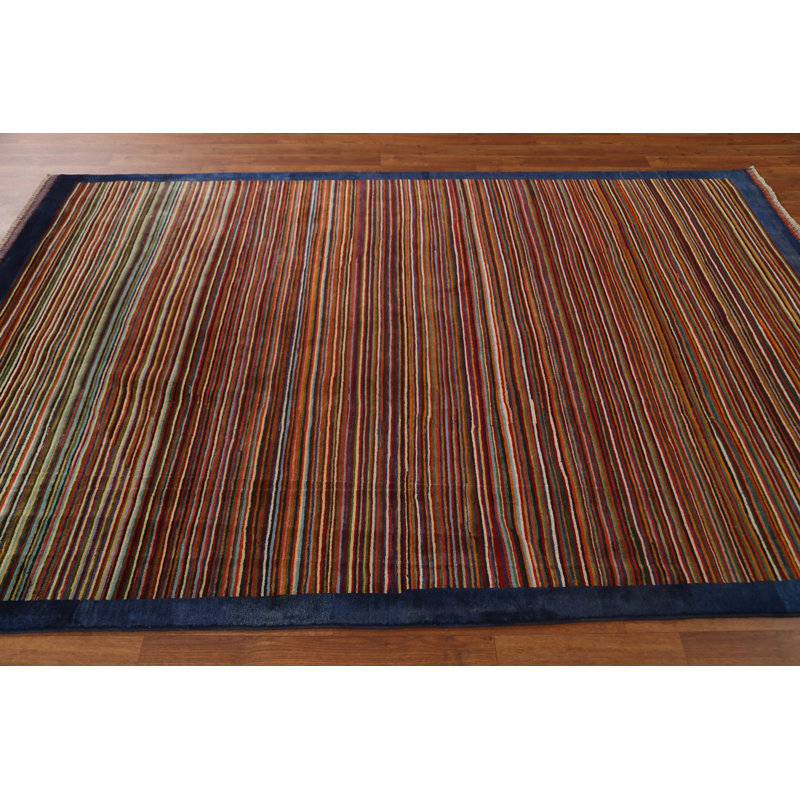 Tapis unique en laine noué à la main à rayures rectangulaires brun / rouille / bleu