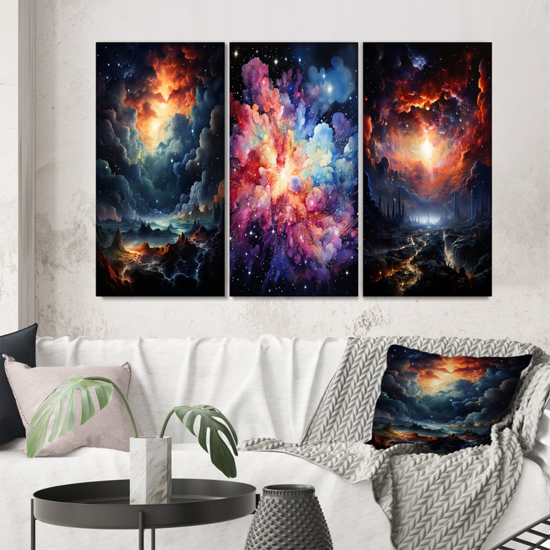 «Galaxy Celestial Fireworks», 3 pièces sur toile, H 28 po x l 36 po, Toile tendue