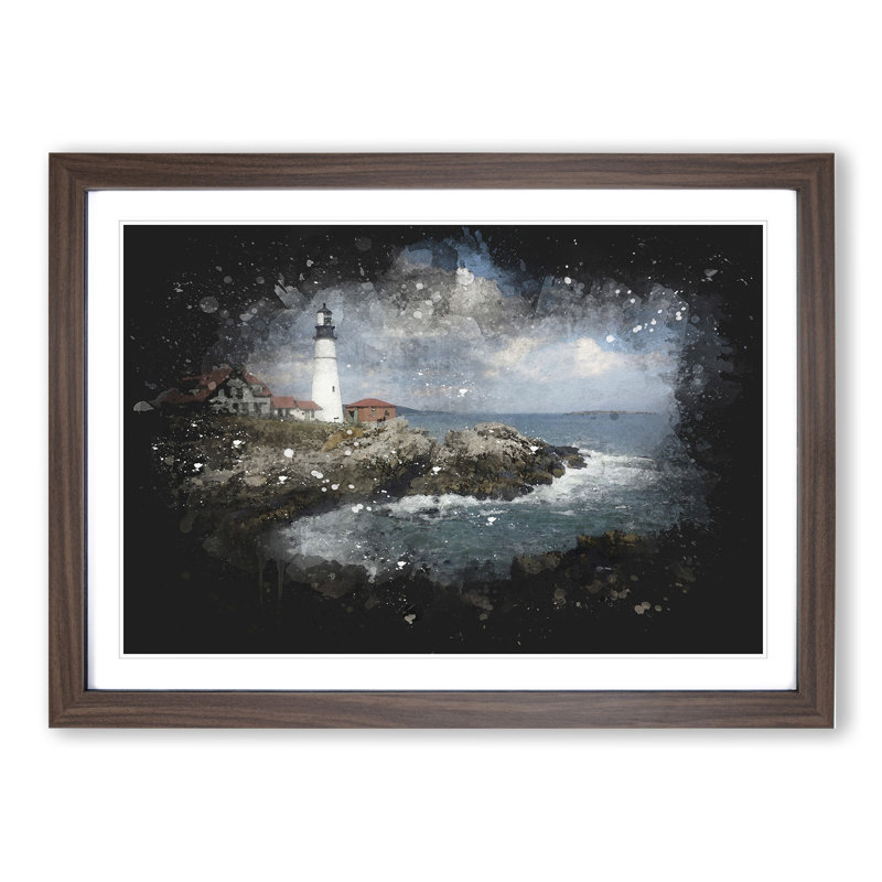 Lighthouse in Maine - Picture Frame Graphic Art, Walnut Framed, 27cm H x 36cm W x 2cm D