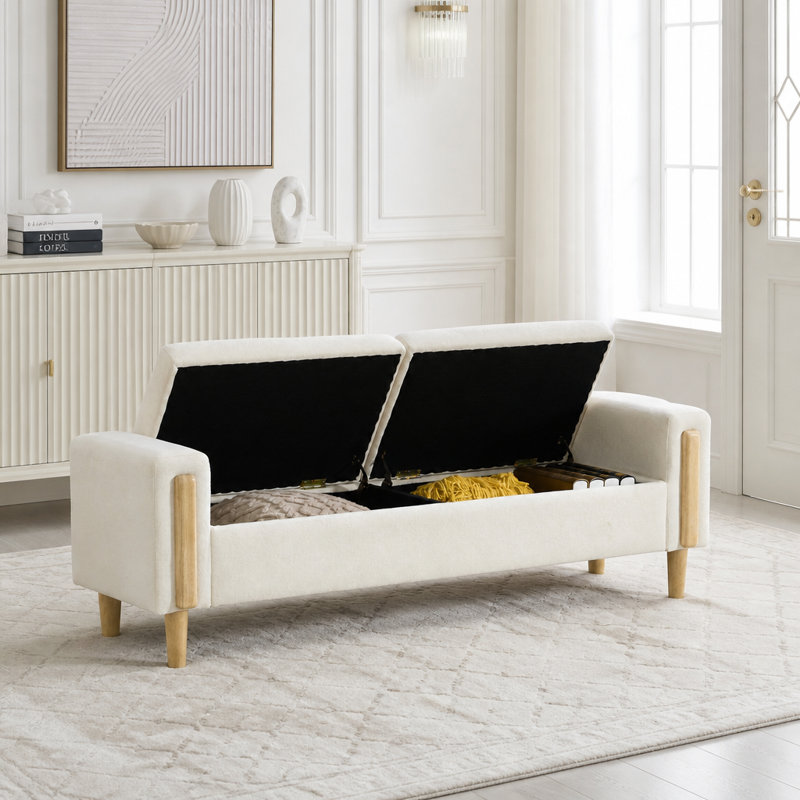 Banc de rangement rembourré avec couvercles doubles et accoudoirs, Beige