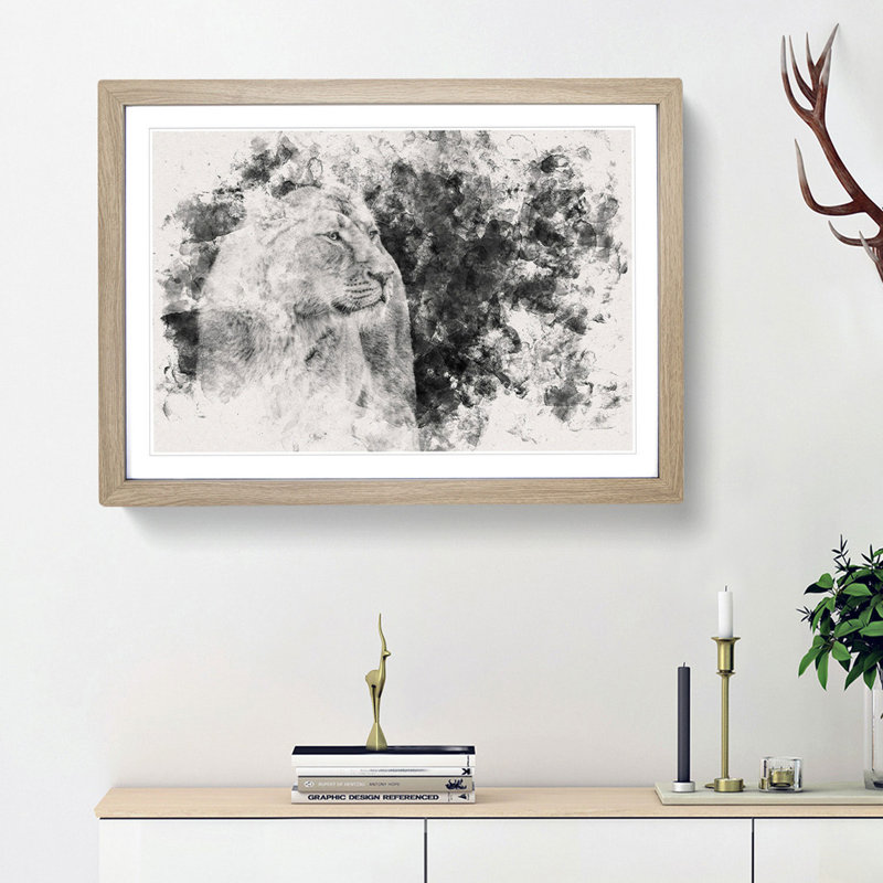 Wild Lioness Watercolour - Framed Print, 62cm H x 87cm W x 2cm D, Oak