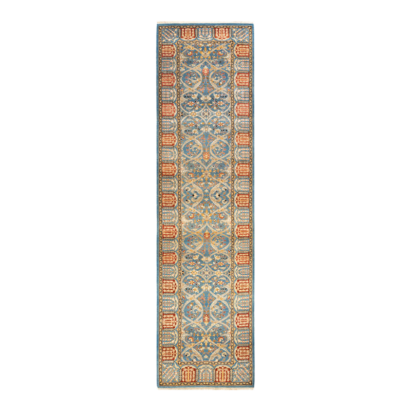 Tapis unique noué à la main bleu / beige / orange 3 pi 3 po x 12 pi 10 po Mogul