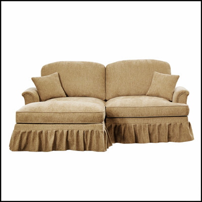 Elegant Mid Century Large Two Seater Modular L Shaped Sofa Couch With Flared Arms, Removable Ruffles, And Spindle Legs, Comfy Chenille Loveseat Sofa With Movable Ottoman