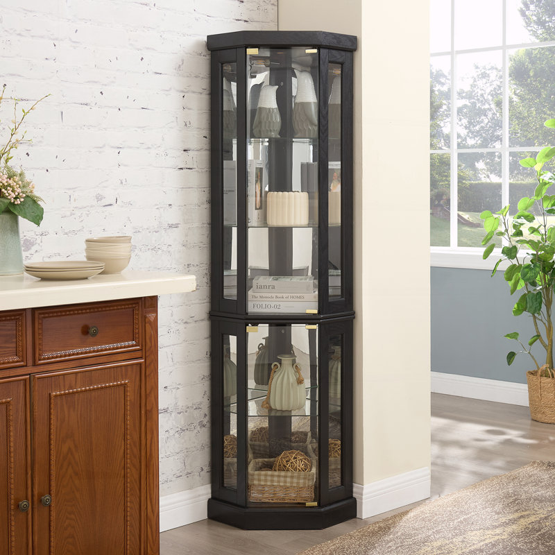 Corner Glass Cabinet Lighted Curio Cabinet Corner Display, Black
