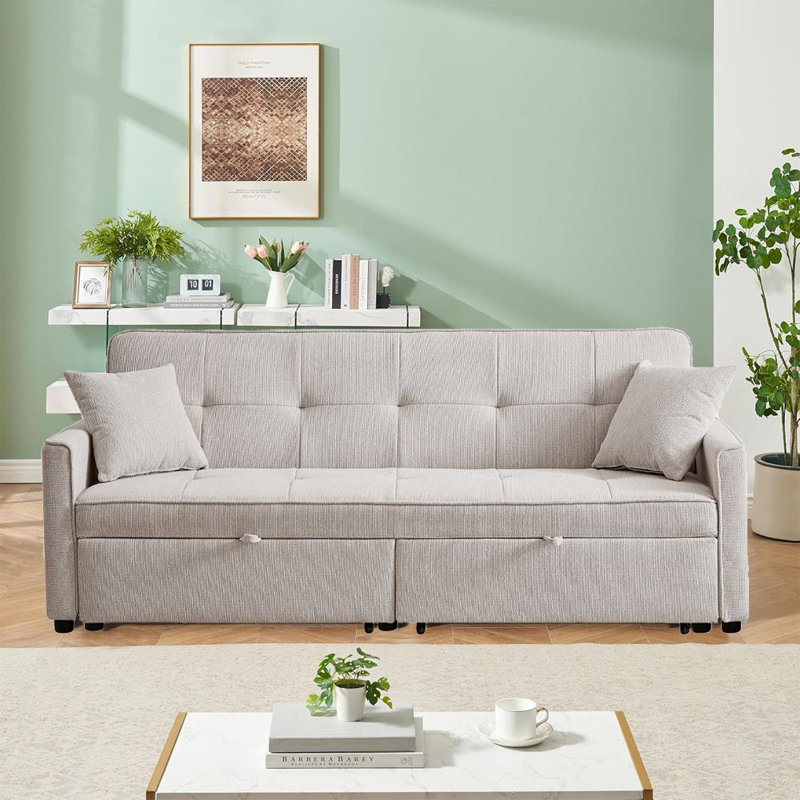 Tyjah 81” Large Size Fabric Sofa, 3-in-1 Multi-Functional Sofa Bed with Storage Space, Ivory