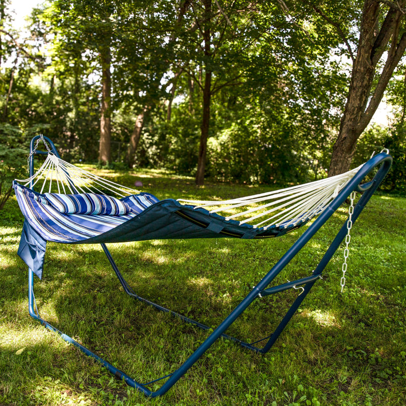 Blue and White Quilted Double Hammock with Metal Spreader Bars