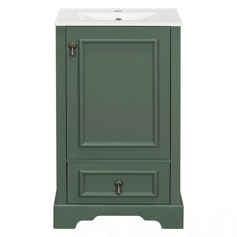 Meuble-lavabo de 20 pouces avec lavabo en céramique, porte à fermeture en douceur, tablette ajustable en forme de U, tiroir de compartiment et support de porte, style moderne, conception peu encombrante