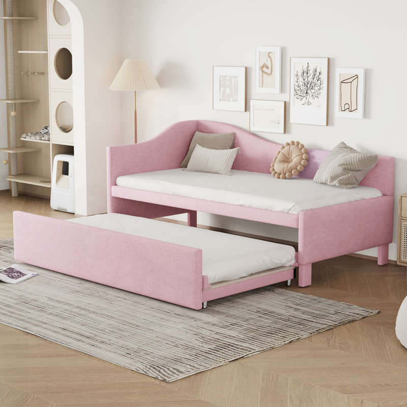 Versatile Upholstered Daybed with Pop-Up Trundle for All Ages and Spaces, Pink