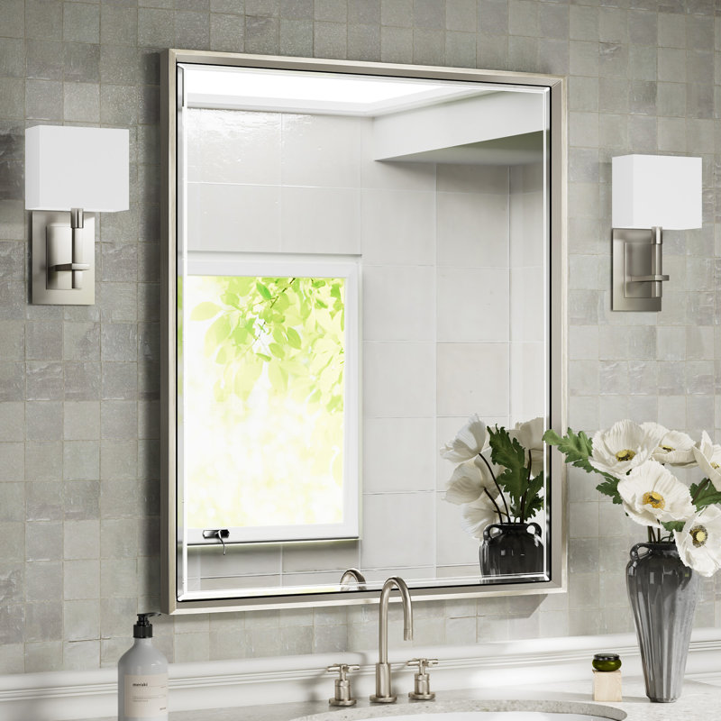 Lohoski Rectangle Wall Mounted Mirror with Aluminum Metal Frame, Beveled Decorative Thin Framed Accent Mirror, Horizontal and Vertical