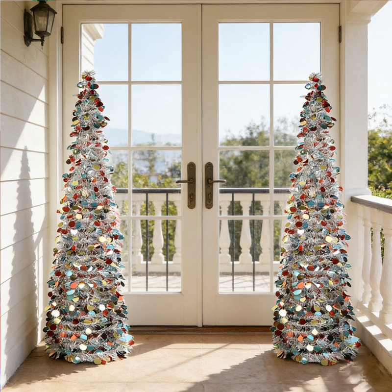 2 pièces 5 pi arbre de Noël artificiel escamotable à paillettes à la main, Argent / bleu