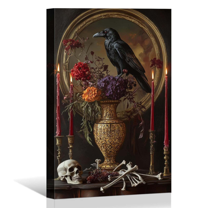 Raven Gothic Skull Canvas Wall Art Vintage Halloween Decor 50x75cm