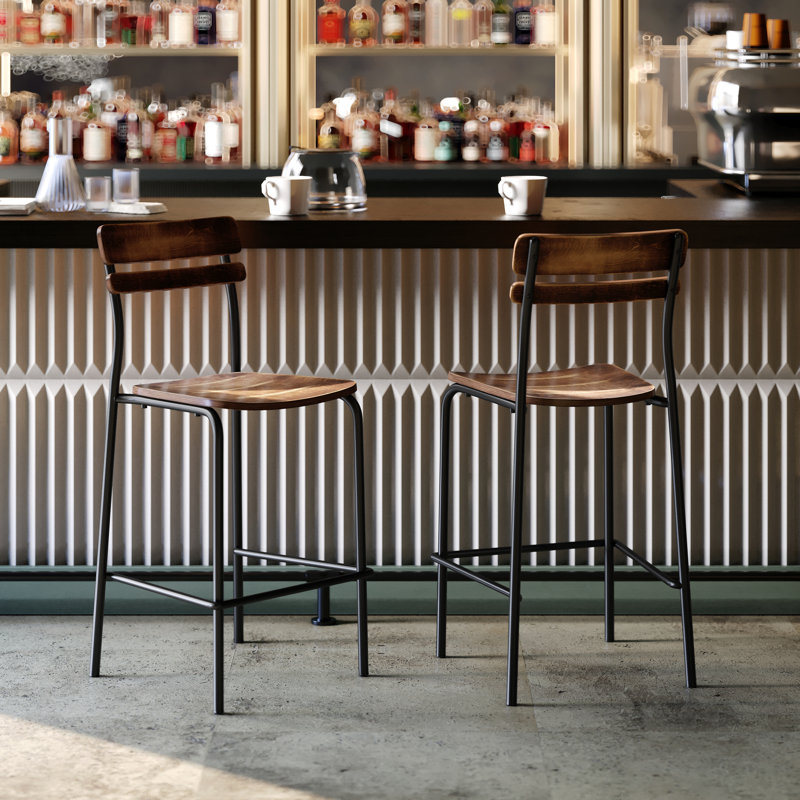 Commercial Solid Wood Bar Stool With Frame And Antique Finish, Brown/Antique Black