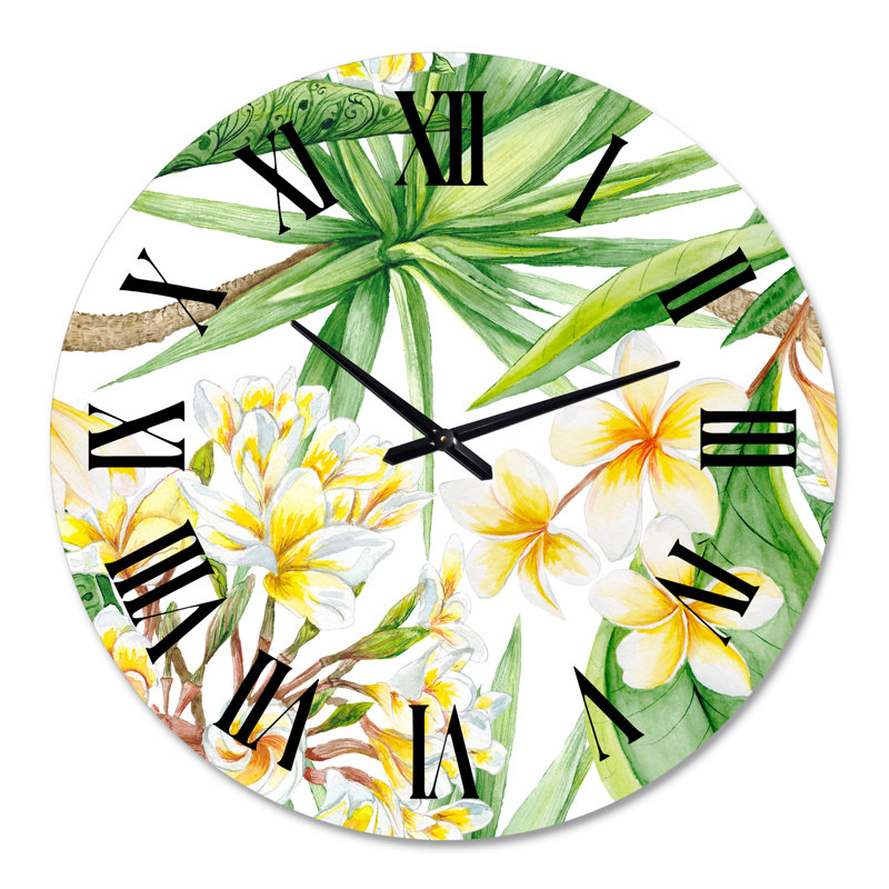Feuillage tropical et fleurs jaunes I - Horloge murale moderne, Moyenne