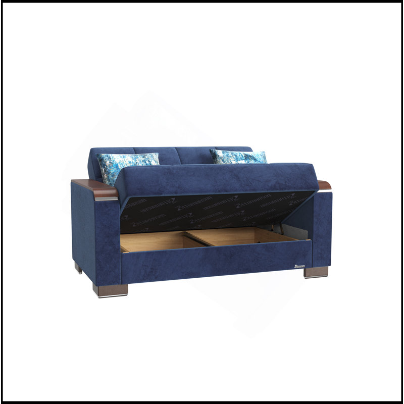 Causeuse rembourrée avec garniture en bois et garniture en bois, microfibre bleue, Microfibre bleue