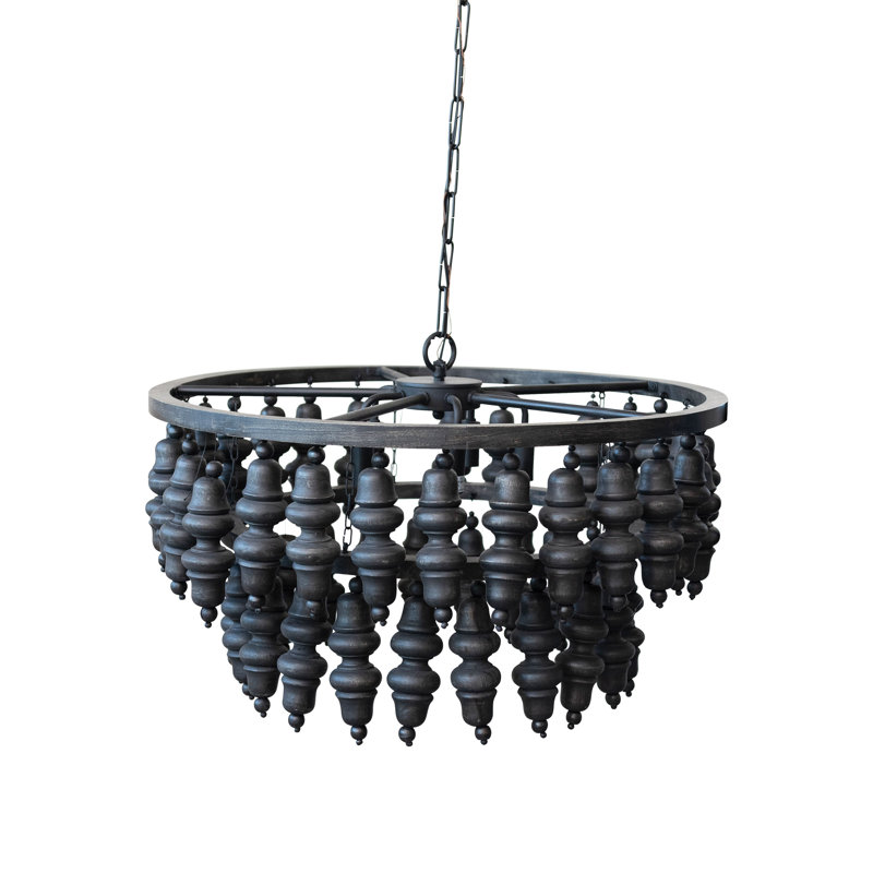 Lustre rond en métal et bois de manguier avec cinq lumières