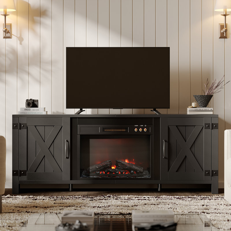 63" Farmhouse TV Stand with 23" Electric Fireplace, 3 Vintage Button Control Design, Over Heat Protection, Matte Black