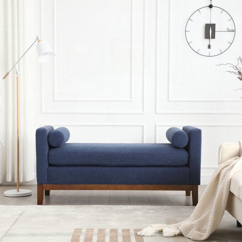 53.5"W Bouce Upholstered Bench with Wood Legs, Navy, Brown