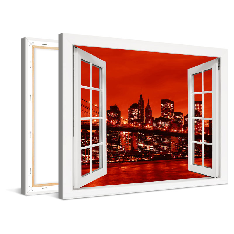 New York Manhattan Brooklyn Bridge Red Window - No Frame Print on Canvas, 60cm H x 80cm W x 2cm D