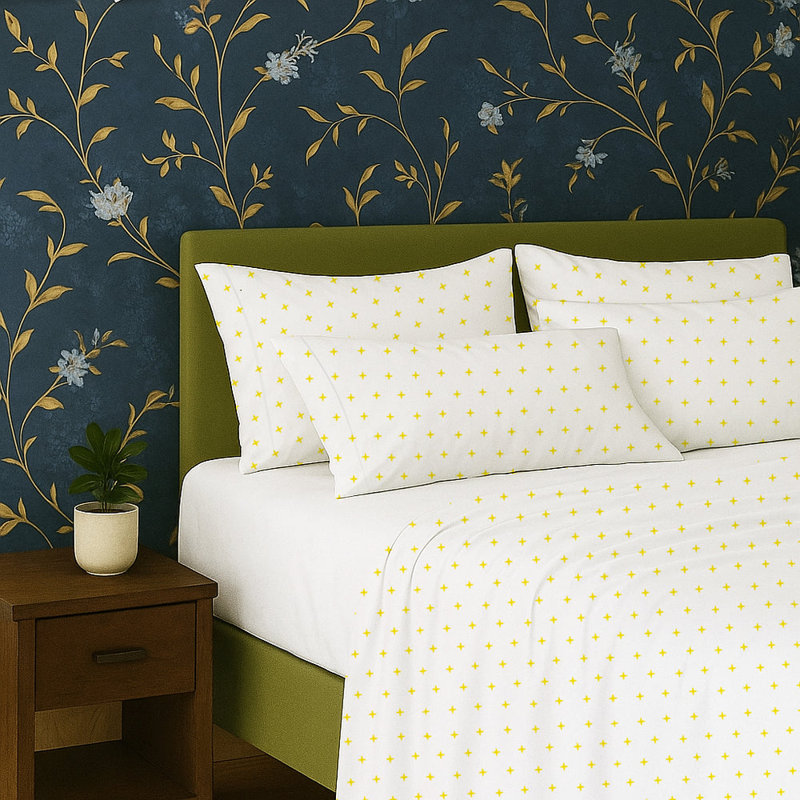 Plus Embroidered Cotton Sheet Set, Yellow, King Sheet Set