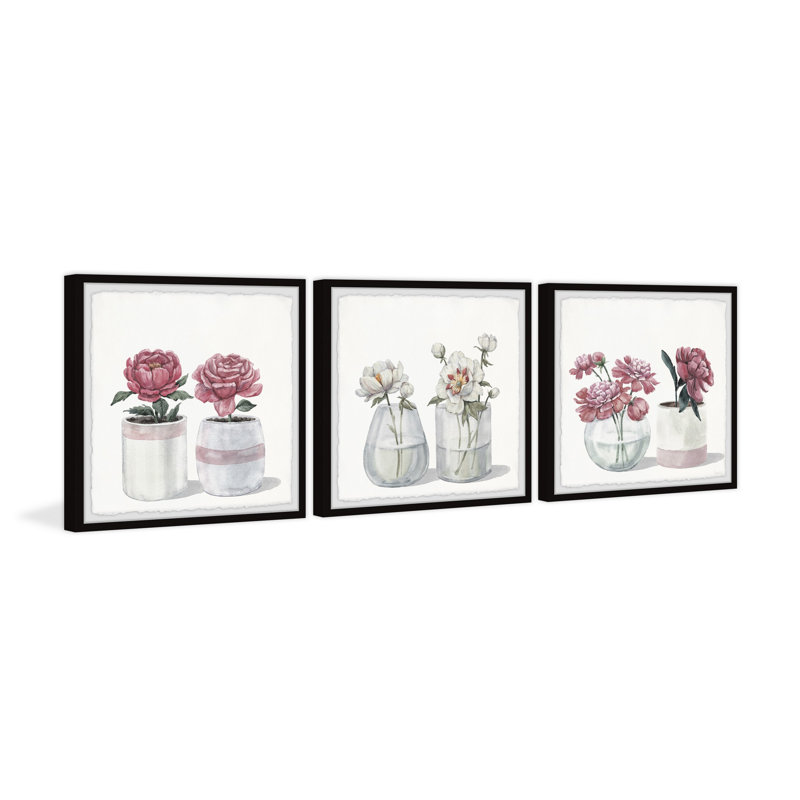 Pretty Pink Flowers by Parvez Taj - 3 Piece Single Picture Frame Painting Set, 45" H x 45" W x 3.81" D