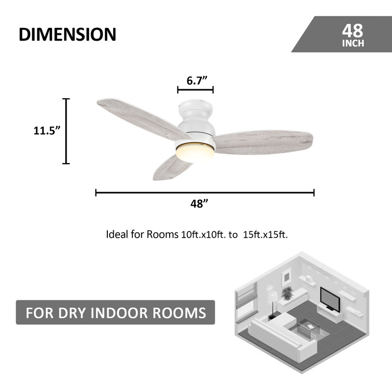 Ventilateur de plafond encastré à moteur à courant continu de 48 pouces avec lumière, télécommande, Bois gris clair