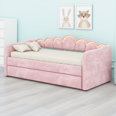 Upholstered Daybed with Trundle & LED Lights, Trundle Flat or Erect