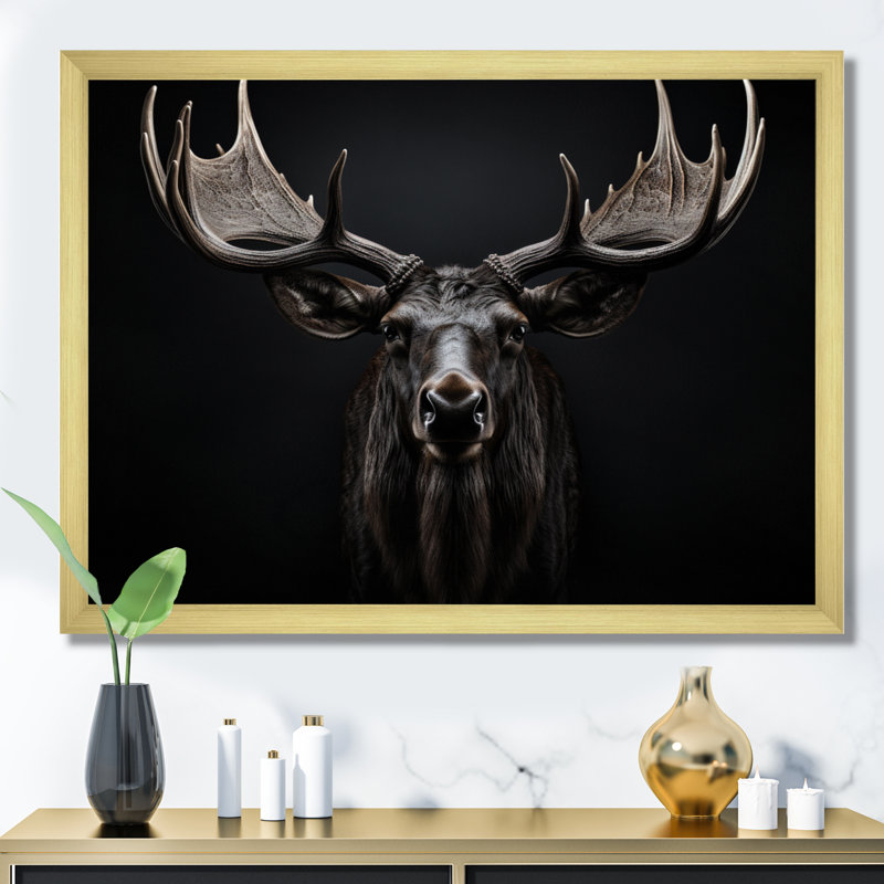Orignal noir blanc majestueux noir et blanc - art mural orignal, H 16 po x l 32 po, Cadre photo unique, Doré