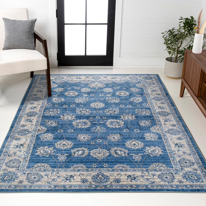 Tapis persan moderne bleu / ivoire Fenley, Rectangulaire 3 pi x 5 pi