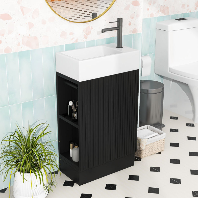 Meuble-lavabo en bois et tablette en céramique, Noir, noir, noir, noir