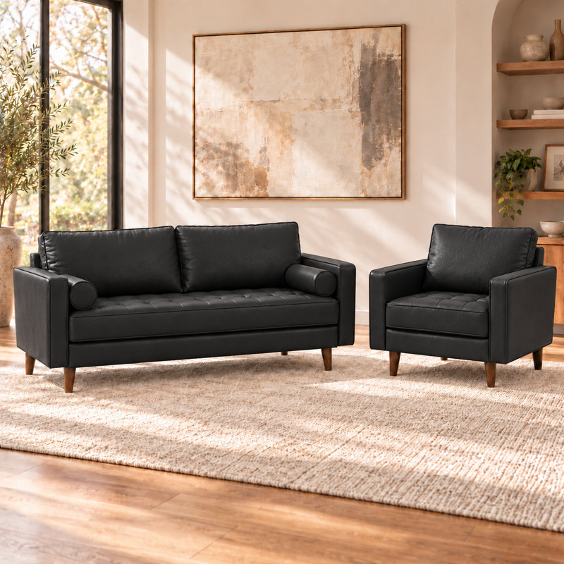 Canapé à accoudoirs carrés en cuir Bridgeview, Black Faux Leather