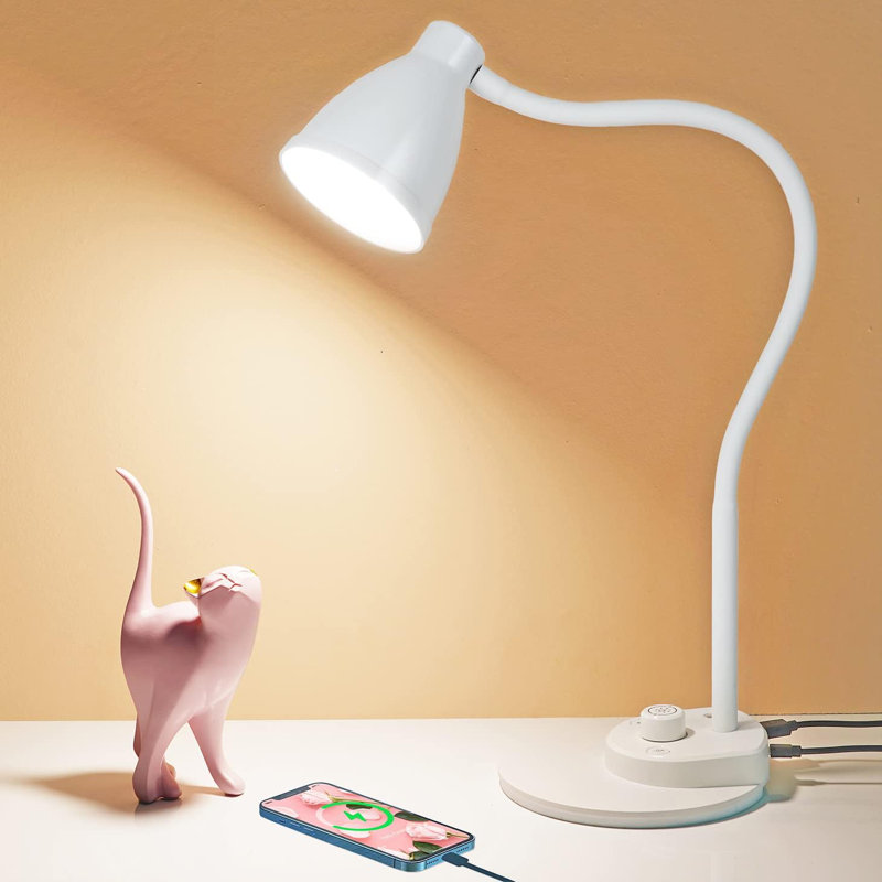 Desk Lamp with USB Charging Port, 3 Color Modes Fully Dimmable Reading Lamp, White, White