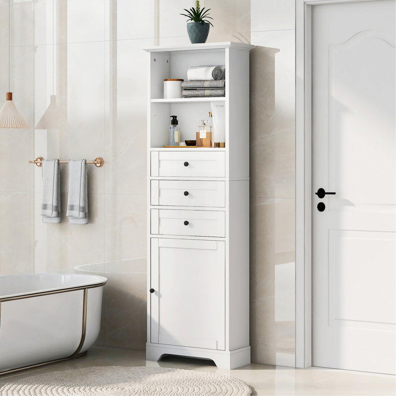 Armoire en bois, armoire de rangement haute, armoire de salle de bain avec 3 tiroirs et tablettes réglables pour la salle de bain