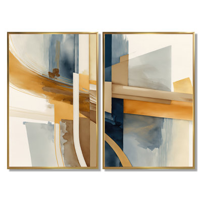 Modern Blue And Gold Abstract - Abstract Transitional Wall Decor, Blue  Abstract Framed Wall Art 2 Piece