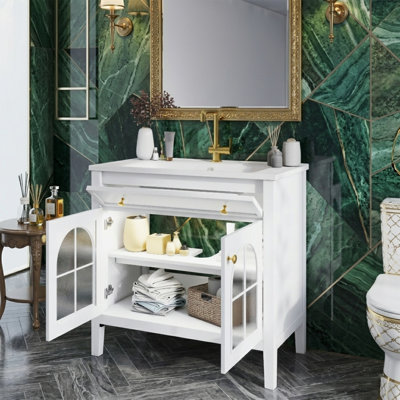 Meuble-lavabo blanc 36 po avec lavabo en céramique, lumière DEL à capteur de mouvement et portes en verre à motifs