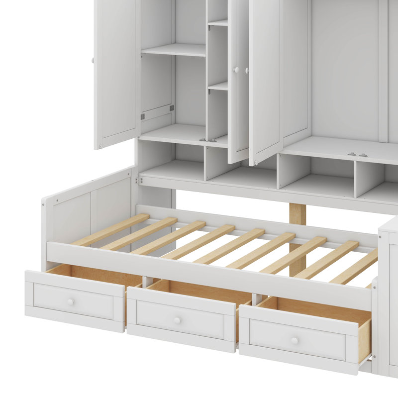 Lit de jour en bois avec trois tiroirs, rangement combiné, bureau et système d'étagères, Simple, Blanc