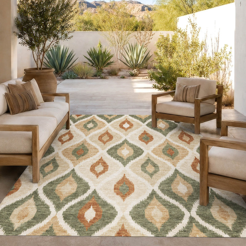 Tapis ikat intérieur / extérieur lavable à la machine Chantille ACN3121, Fern, 9 pi x 12 pi