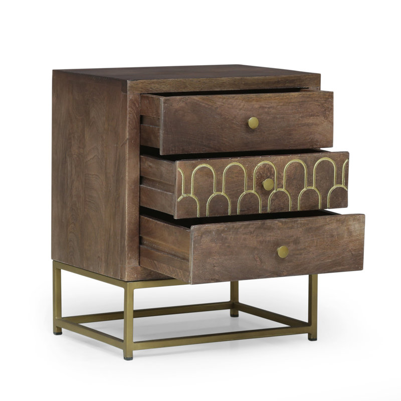 Contemporaty Handcrafted Design Wooden Nightstand With 3 Drawers & Iron Legs