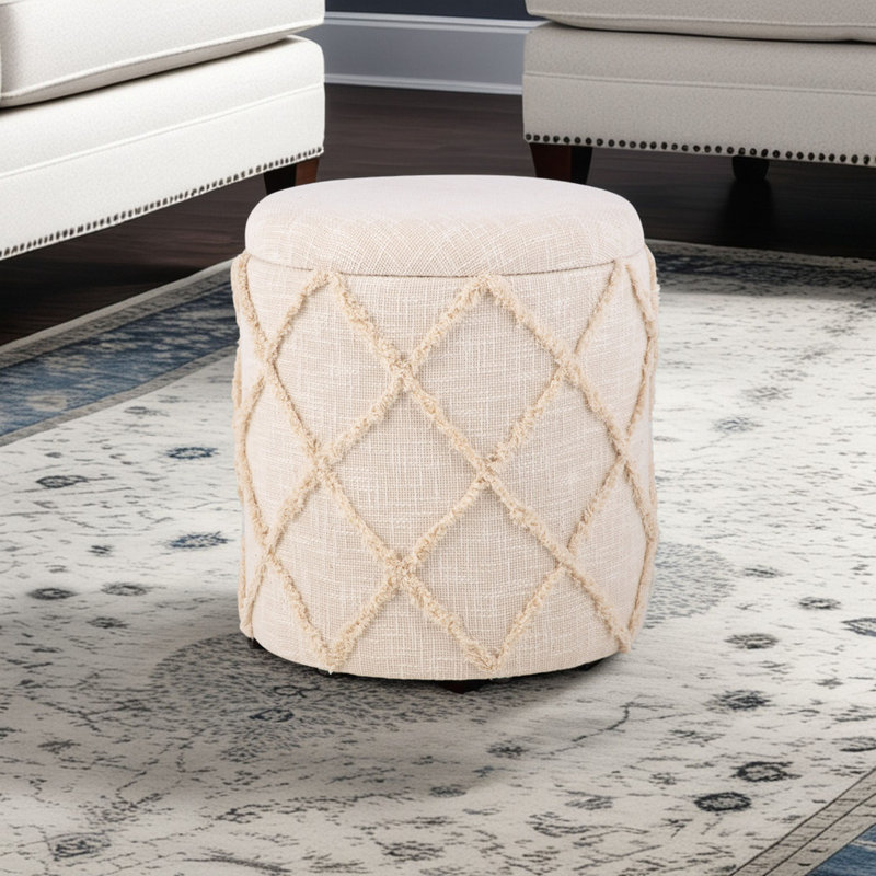 Elegant Ivory 16" Round Storage Ottoman with Hidden Compartment