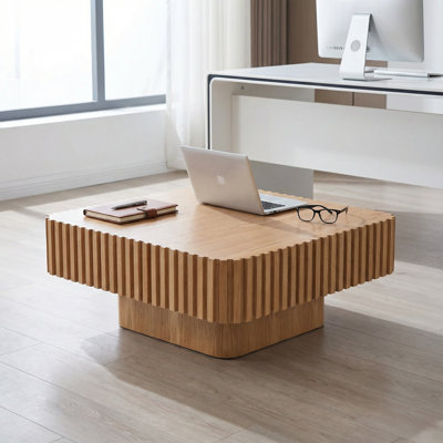 Modern Handcrafted Square Coffee Table Set with Sturdy Pedestal Base for Living Room, Natural Wood Finish Two-Piece Accent Table Collection