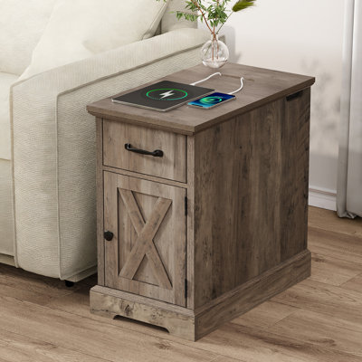 Kadric Farmhouse End Table With Built-In Outlets & Adjustable Shelves