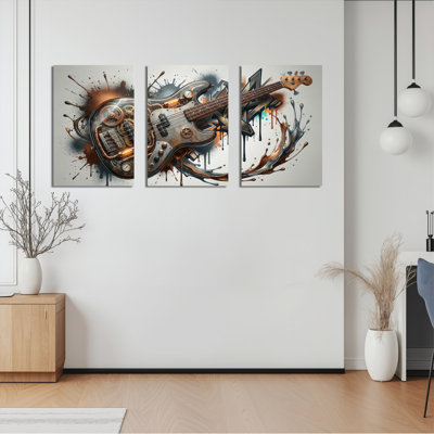 Ensemble de 3 tableaux abstraits sur toile représentant une guitare steampunk