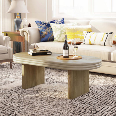 Table basse ovale cannelée avec placage en bois massif - Mid-Century moderne naturel