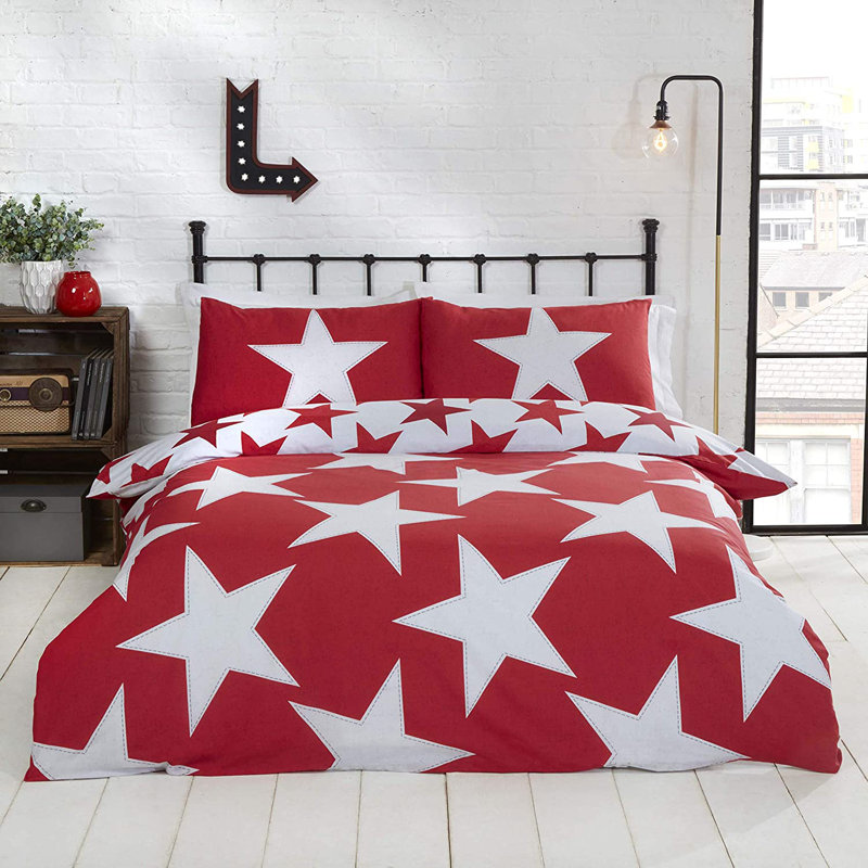 Sally Polyester Geometric Shapes Duvet Cover with Pillowcases, Red, Double - 2 Standard Pillowcases