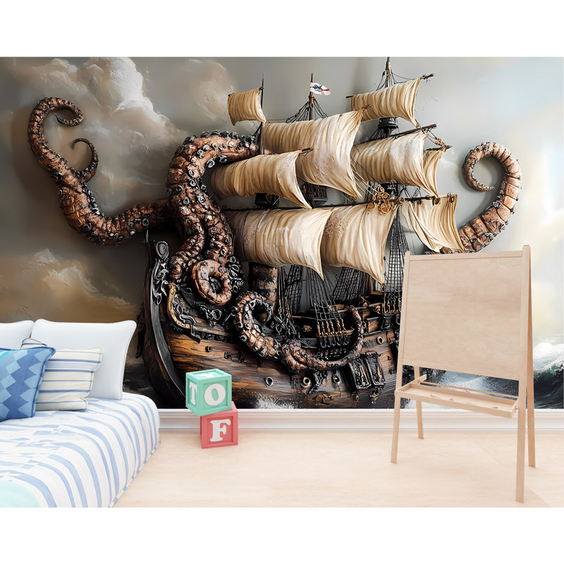 Papier peint Epic Kraken Vs Pirate Ship - murale fantaisie nautique avec un monstre marin et un grand voilier