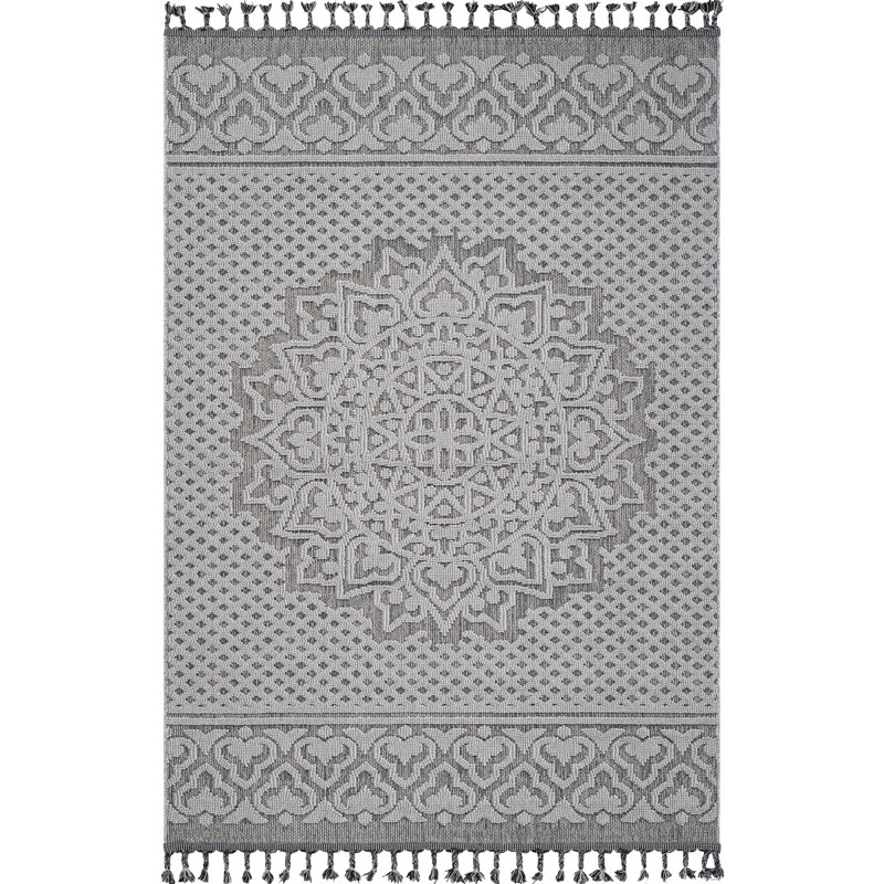 Tapis médaillon gris et blanc 240 x 300 cm - Anti-peluches, antitaches, idéal pour chambre d'enfant, facile à nettoyer, poils moyens, convient aux animaux de compagnie, hauteur idéale pour une chambre à coucher.